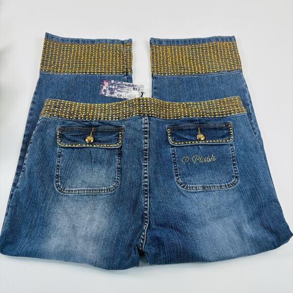 Platinum Plush Jeans Pants Women's 21 Blue Wide Straight Leg Cropped Embellished - Picture 11 of 16